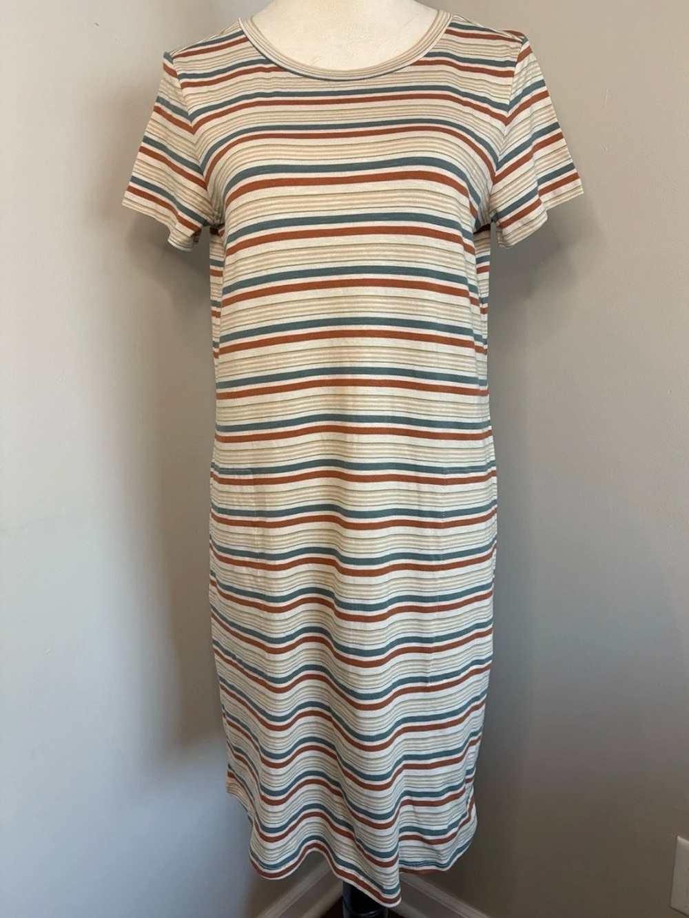 Toad&Co NWT Windmere II Striped T-shirt Dress with Pockets in Beige, Rust & Teal